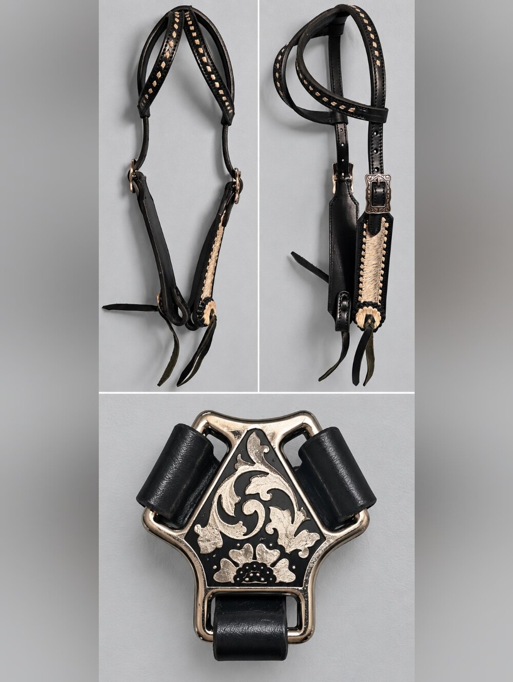Circle J Saddlery Western Leather Breast Collar & Double Ear Bridle w/ Cow Hide